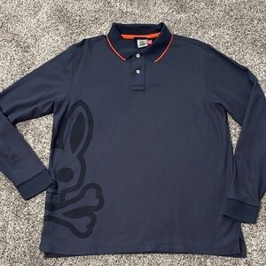 Psycho Bunny Navy Long-Sleeve Polo with Orange Piping